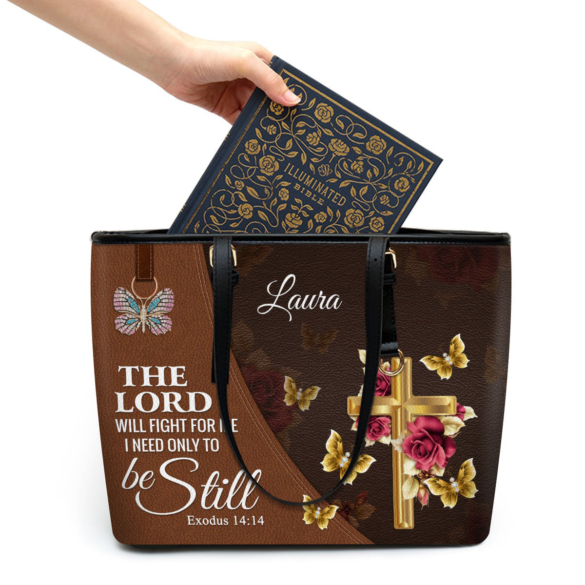 Personalized Christian Leather Handbag, The Lord Will Fight For Me Be Still Exodus 14:14 – Cross Butterfly Faith Purse BLAF50
